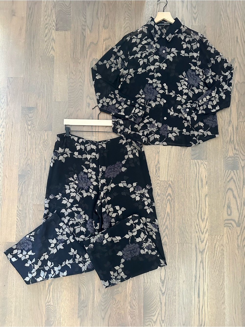 Vintage Linda Allard Ellen Tracy Silk Sheer Shirt and Pant Set Black Multi 14